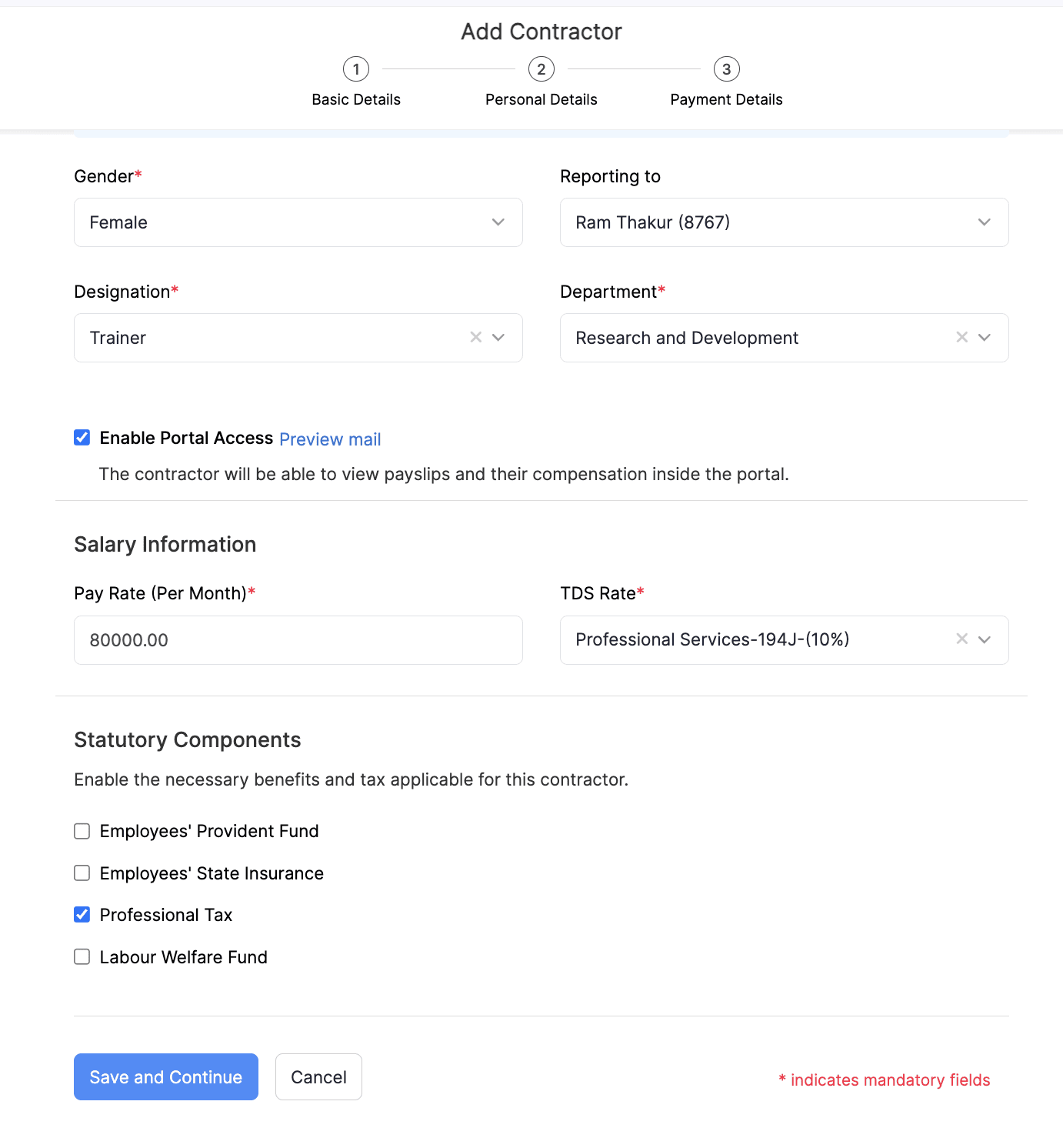 Zoho Payroll dashboard showing contractor management and payroll implementation features